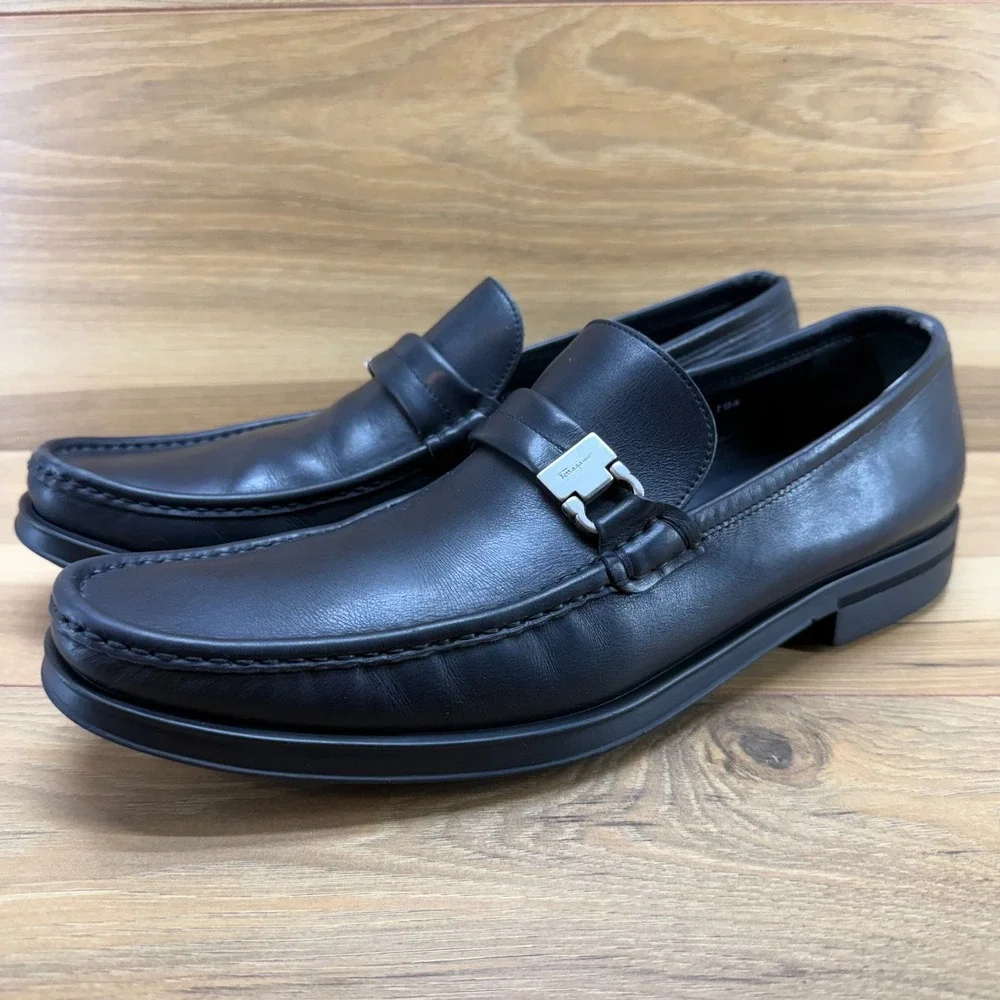 Salvatore Ferragamo Gancini Bit Loafers Mens 10.5 D Black Leather Moc Toe Formal